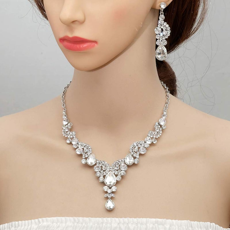 CSY 4 Pcs/Sets Elegant Crystal Necklace Earrings Bracelet Ring Bridal Wedding Costume Jewelry Sets for Brides Women Gifts (White Gold Plated-White) - Image 4
